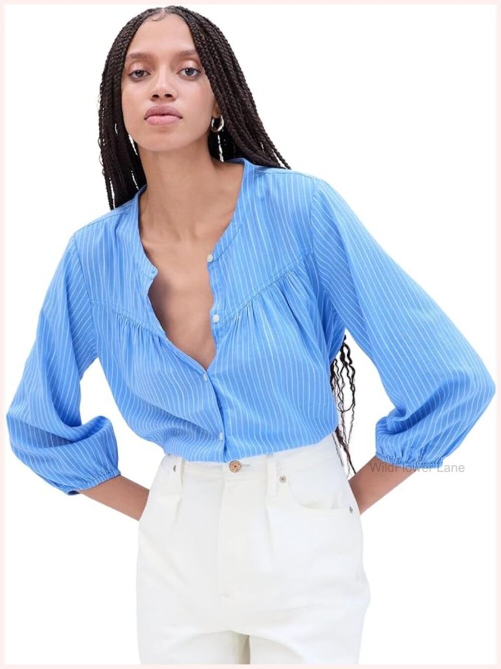 Long Sleeve Button Front Blouse Shirt - V-Neck, Stretch, Machine Wash